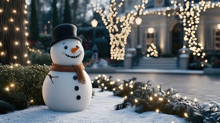 Obraz premium A cheerful snowman grins brightly, dressed in a cozy hat and scarf, surrounded by softly blurred Christmas trees in pastel colors