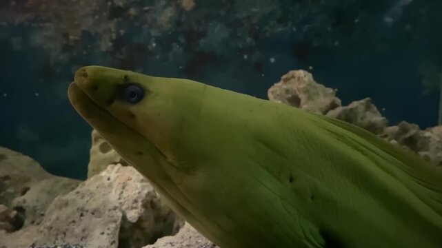 Murena Waiting for the Victim. A large moray eel is looking for prey while in a dark underwater cave