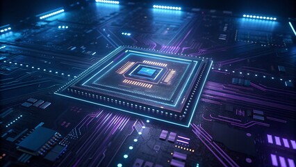 Obraz premium Blue electronic computer circuit board with chips and components technology hardware design