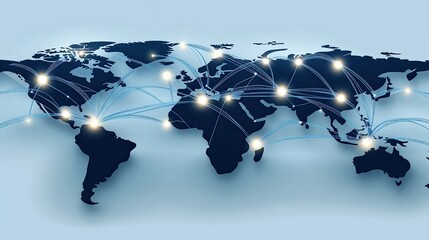 A flat world map features blue network connections on a textured grey background, emphasizing global communication and connectivity