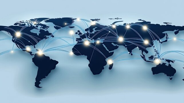 A flat world map features blue network connections on a textured grey background, emphasizing global communication and connectivity