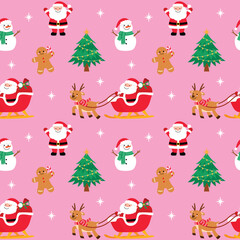 Seamless Festive Christmas Cartoon with Santa Claus, Reindeer, Gingerbread Man, Christmas Tree and Snowman, Nursery Repeat Holiday Background, Cute Xmas Character Pattern on Pink BG illustration 
