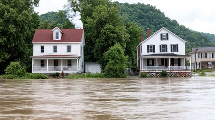The heavy rainfall caused severe flooding, resulting in a house with a red roof being swept away by the river in West Virginia