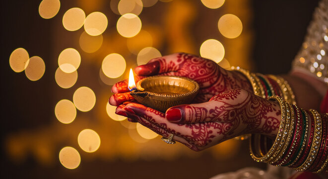 Close-up of hands coated in intricate red henna