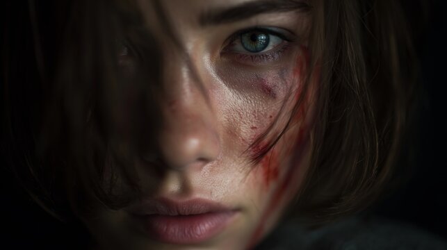 Intense close-up of a woman with a bruised face showing strength and resilience in dark surroundings