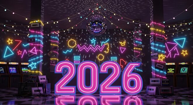 Vibrant 2026 Neon Disco Environment with Geometric Lights Disco Ball Cassettes - Powered by Adobe