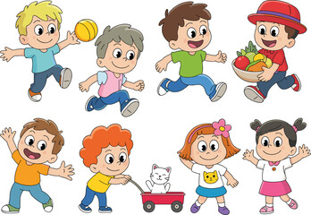 Happy children playing together, holding toys and fruits, smiling and running, cute cartoon boys and girls, fun activity illustration