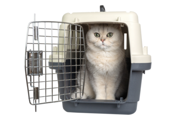 Fluffy cat sitting in open pet carrier with latch door