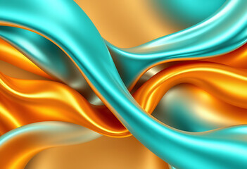 Abstract background with turquoise and golden silk fabric waves flowing smoothly