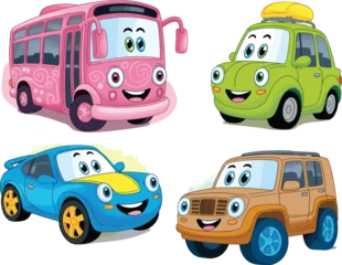 Fotobehang Auto Cute cartoon illustration of four smiling cars and bus with expressive faces, colorful vehicles, children transportation, education, animation design concept  © Vactor Creatives