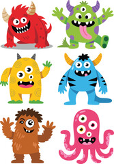 Cute colorful cartoon monsters collection, funny fantasy creatures with big eyes and teeth, adorable design for kids, illustration clipart set