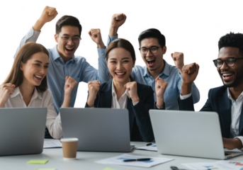 Diverse group of colleagues celebrating success with laptops isolated on transparent background