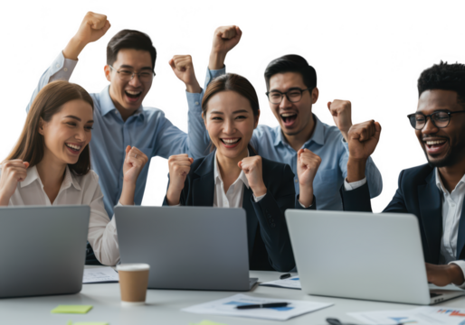 Diverse group of colleagues celebrating success with laptops isolated on transparent background - Powered by Adobe