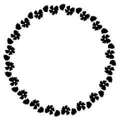 Round black frame made of black flowers and leaves on a white background
