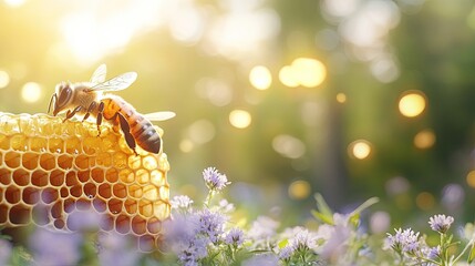 A close-up view of honeycomb showcasing bees, golden honey, and brood comb, highlighting the beauty of nature and beekeeping craftsmanship