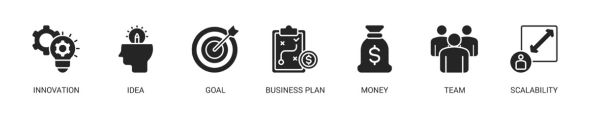 Start Up Glyph Icon Set For Web Banner. Vector Illustration Concept With Some Icons. Designed In Glyph Style