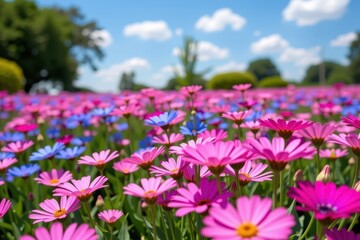 Vibrant field of blooming pink and blue flowers under a clear sky, natural beauty, summer, garden