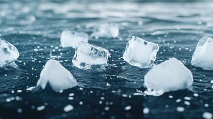 Crystal clear ice cubes rest on a dark surface, showcasing water droplets and captivating light reflections in great detail