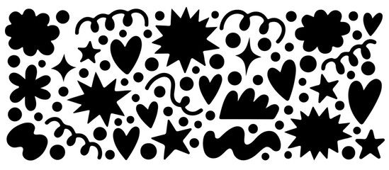 Vector illustration showcases playful, hand-drawn black doodles with added bold dots for a fun abstract effect. The composition features stars, hearts, squiggles, and bursts on a white background.