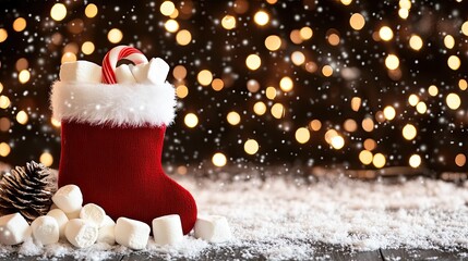 A cheerful red Christmas stocking sits amid a serene snowy backdrop, adorned with candy canes and marshmallows and sparkling bokeh lights