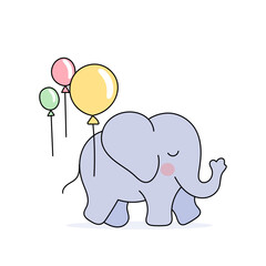 Adorable blue elephant holding colorful balloons, perfect for kids illustrations, nursery posters, greeting cards and baby room decor