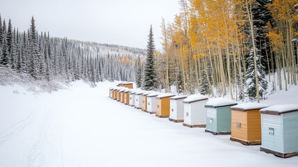 Colorful beehives lie on their sides in the snow, surrounded by a tranquil winter forest with trees blanketed in white