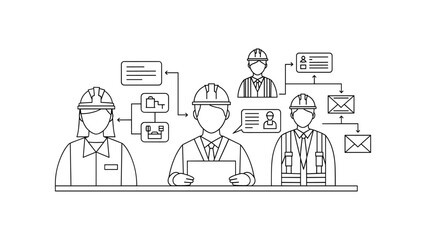 Construction team with data flow diagram