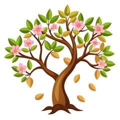 Cartoon Tree with Flowers and Leaves Illustration Isolated on White Background Vector Graphics Design Decorative Floral Tree Springtime Nature