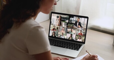 Woman review analytical data charts participate in virtual meeting - Powered by Adobe