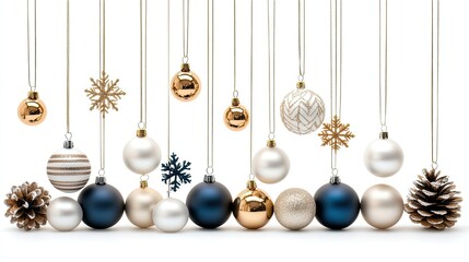Golden Christmas decorations with balls and snowflakes gracefully hang against a black background, adding a touch of luxury for the holidays