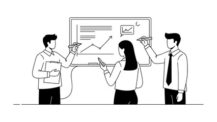 Team of business people presenting financial data on whiteboard