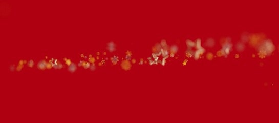 Christmas background with bokeh effect and red background. Star and snowflake ornaments for holiday design. Beautiful and festive abstract.