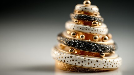 Abstract Christmas tree of stacked rings, modern and elegant, with gold and black glitter details 