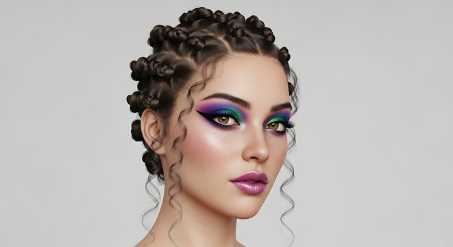 Portrait of a woman with colorful eye makeup and hair in bantu knots on a light gray background