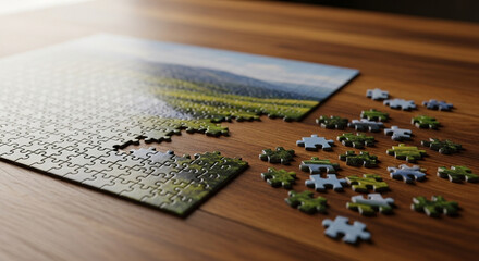 Naklejka premium Jigsaw Puzzle on Wooden Surface A Picture of a Landscape with a Beautiful Green Hill