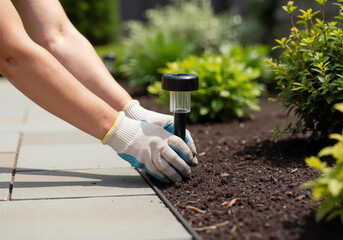 Hands installing solar powered garden lighting in soil