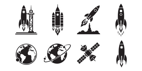 rocket launch icon set vector silhouettes illustration 
