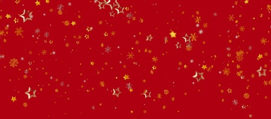 A vibrant red background featuring a scattering of golden stars and snowflakes, creating a festive...