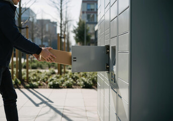Man collecting package from automated parcel locker outdoors