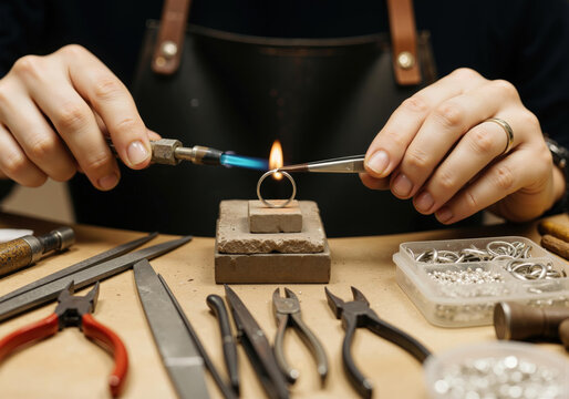 Artisan jeweler heating silver ring with torch at workshop