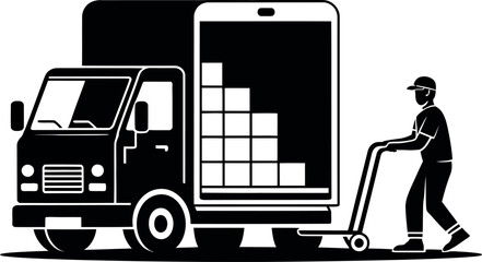 A delivery person loads a truck with a smartphone graphic representing logistics.