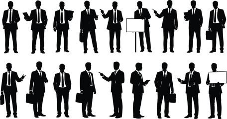 Business Professional Silhouettes in Varied Poses with Briefcases, Presentation Boards, and Documents for Corporate Communication and Workplace Illustration
