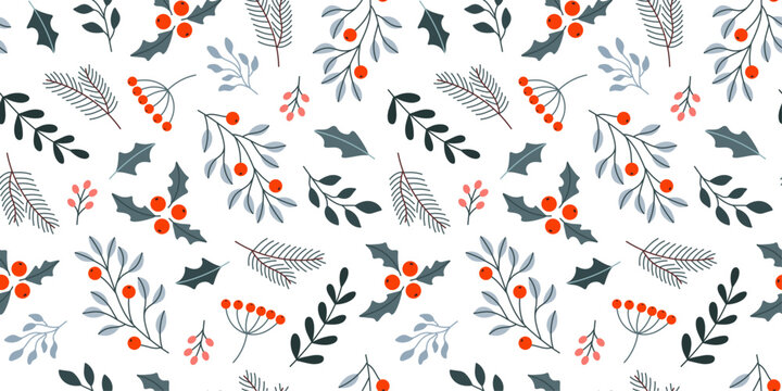 New Year's Christmas winter pattern with branches, leaves, berries and plants.