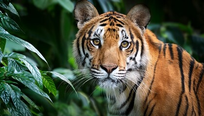 a majestic bengal tiger staring directly into the lens amidst dense forest foliage