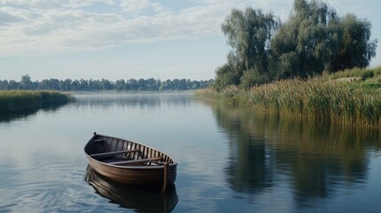Obraz premium A wooden rowboat floats peacefully on a misty river surrounded by autumn trees on a tranquil morning