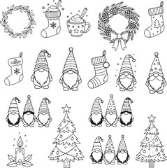 Adorable Christmas Gnomes and Holiday Elements Coloring Page Vector