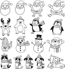 Adorable Christmas Characters Line Art and Coloring Page Bundle