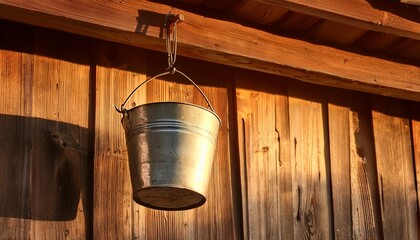 rustic galvanized bucket hangs under wooden eaves bathed in warm golden hour sunlight