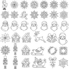 Detailed Christmas and Winter Holiday Line Art Icon Set Vector