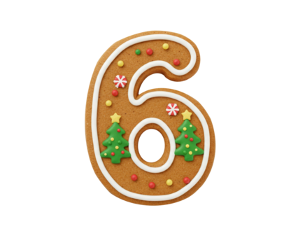 Gingerbread number six cookie with tree and candy design png isolated on transparent background